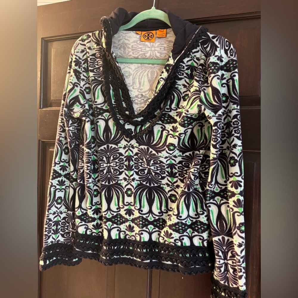 Tory Burch terry cloth blue green print hoodie with navy details - new favorite!